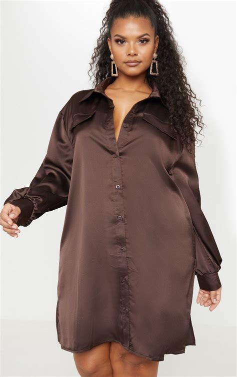 Plus Chocolate Brown Satin Shirt Dress Prettylittlething