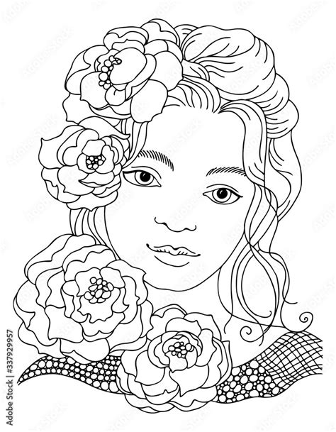 Pretty Woman Portrait Beautiful Girl With Flowers On Hair Hand Drawn