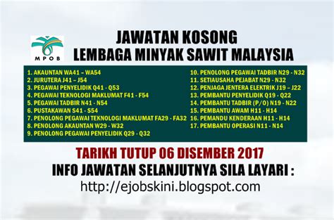 Kerja kosong jobs now available. Jawatan Kosong Lembaga Minyak Sawit Malaysia (MPOB) - 06 ...