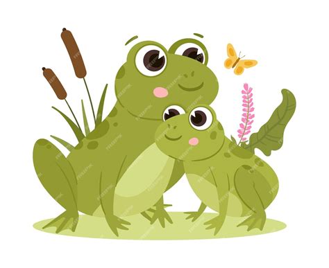 Dibujos Animados De Ranas Anfibios Verdes Mamá Y Bebé Lindas