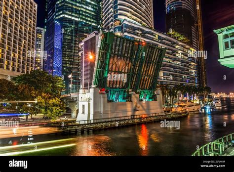 Miami River Water Night Open Brickell Avenue Bridge Buildings Downtown