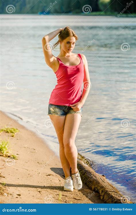 Lady In Red T Shirt Stock Image Image Of Girl Landscape 56778031