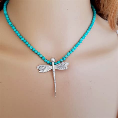 Beaded Turquoise Necklace Choker Silver Dragonfly Pendant Tiny Blue