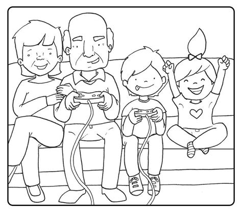 En la primera imagen podemos ver una familia de 5 integrantes, en donde están ambos padres y 3 hijos, de los cuales uno es un bebé. Colorear abuelos jugando a la videoconsola con sus nietos