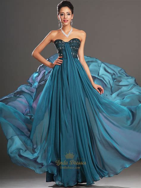 Teal Sweetheart Strapless Chiffon Prom Dress With Beaded Lace Bodice Linda Dress
