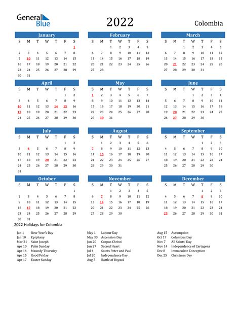 2022 Colombia Calendar With Holidays