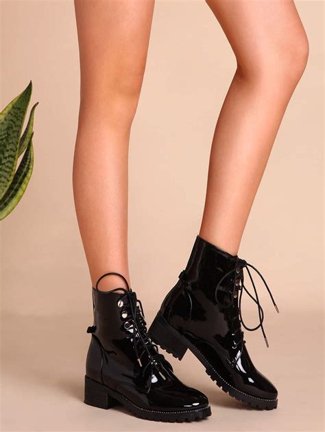 black patent leather lace up booties shein sheinside