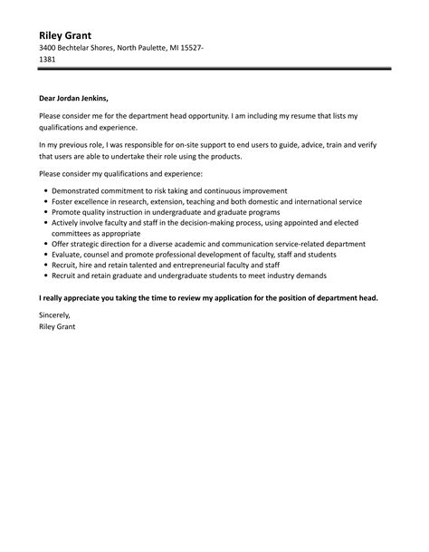 Department Head Cover Letter Velvet Jobs