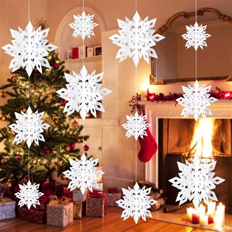 Christmas Hanging Snowflake Decorations 12 Pcs White 3d Glittery Paper