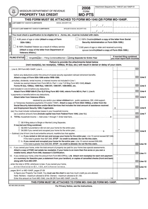 Fillable Form Mo Pts Property Tax Credit 2008 Printable Pdf Download