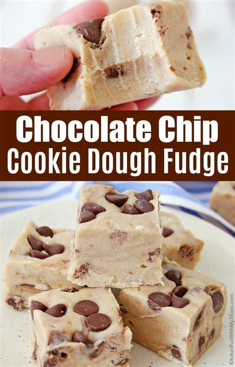 Chocolate Chip Cookie Dough Fudge Is Stacked On Top Of Each Other With