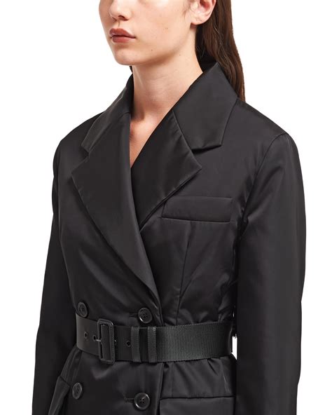 Double Breasted Re Nylon Gabardine Raincoat Black Prada Womens Outerwear