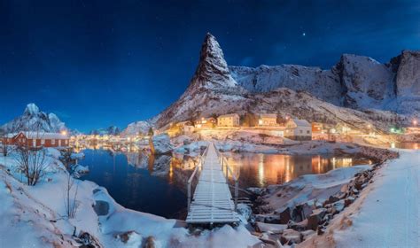Nature Landscape Winter Snow Lake Night Hill Norway