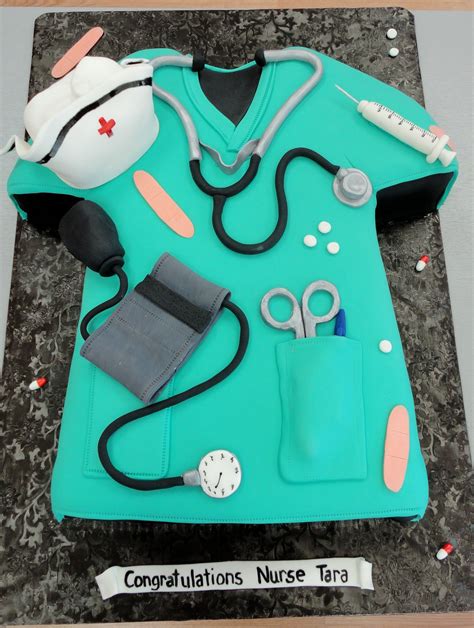 a cake shaped like a nurse's uniform and stethoscope