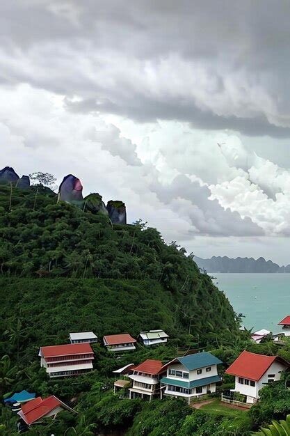 Premium Ai Image A Group Of Houses Sitting On Top Of A Lush Green