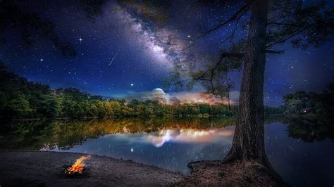 Milky Way Behind The Lake Landscape Trees Water Reflections Stars