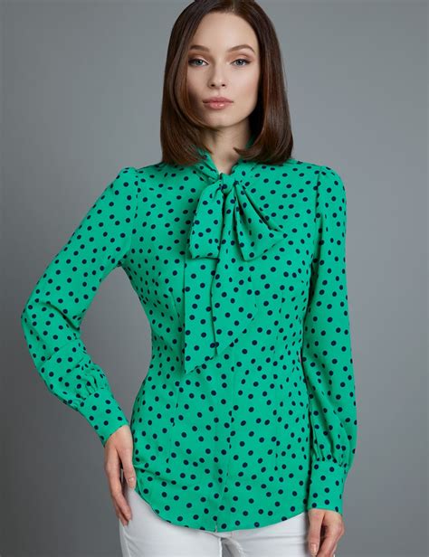 Womens Green And Navy Spot Print Fitted Blouse Single Cuff Pussy Bow