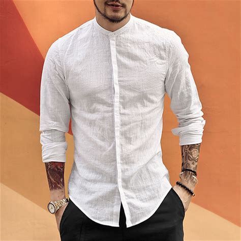 Buy Casual Mandarin Collar Shirts Men Cotton Linen