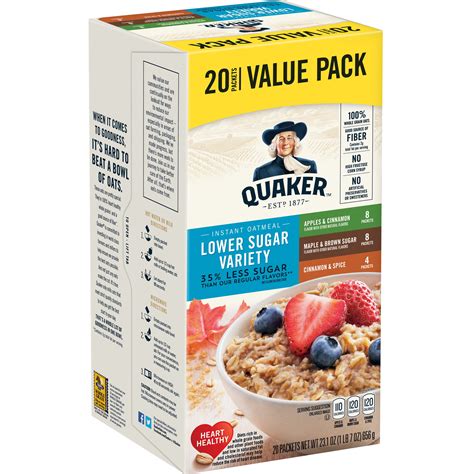 Quaker Instant Oatmeal Lower Sugar Variety Pack Value Pack 20
