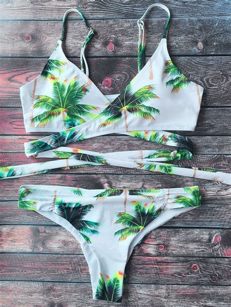 White S Crossover Palm Tree Print Cami Bikini Set