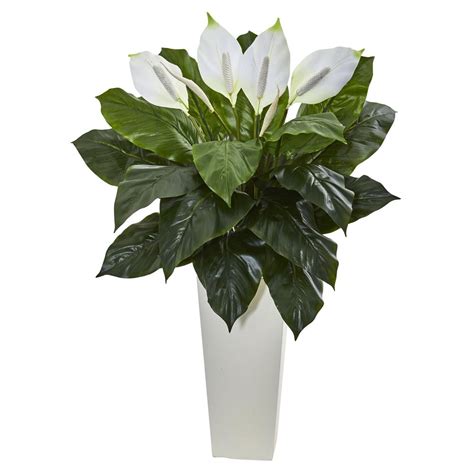 Nearly Natural 3 Ft Spathiphyllum Artificial Plant In White Tower