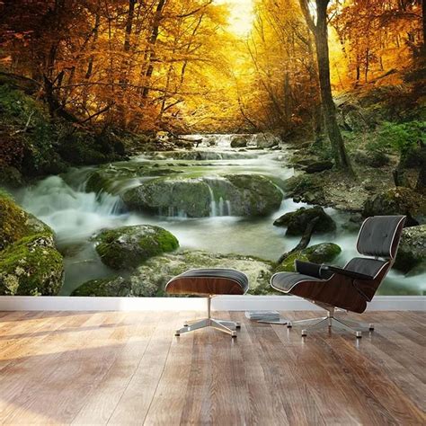 Golden Leaves And Forest Waterfall Serene Wall Mural Home Decor