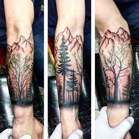 When it comes to tattoo, you have to realize that it is art first and foremost so by that definition it has to appeal to the senses. Colored forearm tattoo of typical mountain forest ...