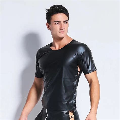 Men S Leather Lingerie Sexy Faux Leather Tops Tanks Lace Up Clubwear