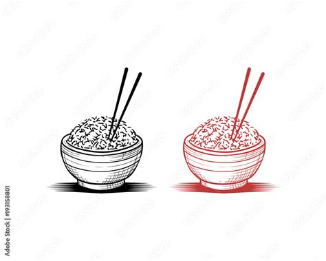 Asian Food Rice On The Bowl With Chopsticks Hand Drawing Symbol Logo
