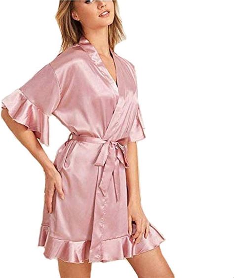 Pijama De Satén Para Mujer Rosa Bata De Estilo Camisón De Albornoz De Satén Camisola Oblicua
