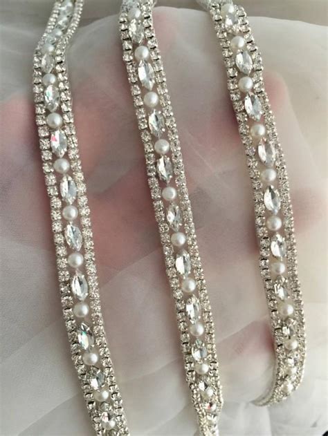 Rhinestone Trim With Pearl Crystal Beaded Lace Trim For Wedding Gown