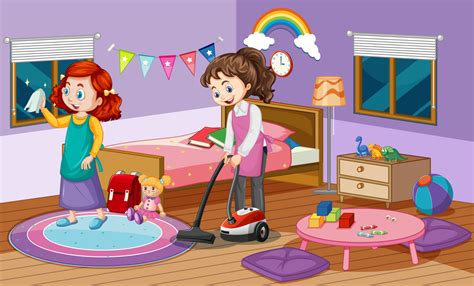 Indoor Scene With Two Girls Cleaning In The Bedroom 2701437 Vector Art