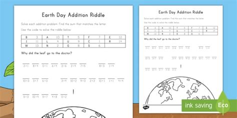 Earth Day Addition Riddle Worksheet