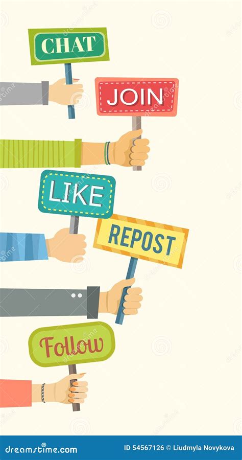 Flat Banner Of Hands Holding Signs With Social Activities Stock Vector