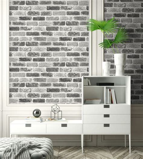 Washed Faux Brick Peel And Stick Wallpaper In Greys By