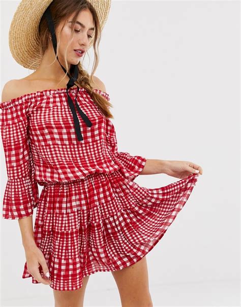 Asos Off Shoulder Tiered Mini Sundress In Gingham In Red Lyst