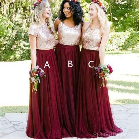Burgundy Mismatched Bridesmaid Dresses Long Tulle Gold Sequin Sparkly