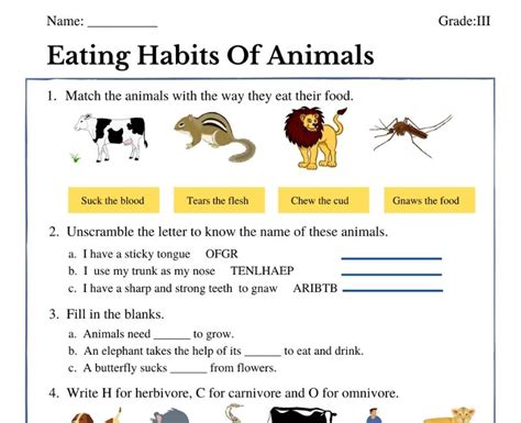 Free Eating Habits Of Animals For Class 3 Worksheets Pdf