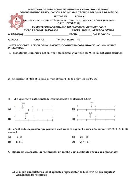 Examen Diagnostico De Matematicas Ii Secundaria