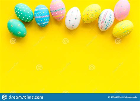 Easter Composition Decorated Pastel Easter Eggs On Yellow Background