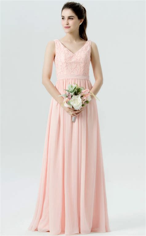 Bduk10056 Pink 12 Lace Chiffon A Line V Neck Long Bridesmaid Dresses