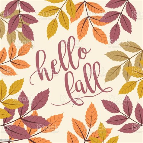 Fall Background With Autumn Walnut Leaves Hello Fall Text Stock