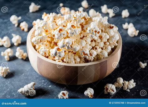 Wooden Bowl Filled With Popcorn Sitting On Top Of Table Next To Pile Of