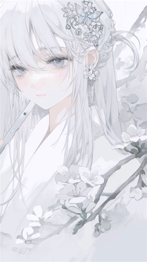 Anime Girls White Vertical White Hair Flowers Wallpaper Resolution