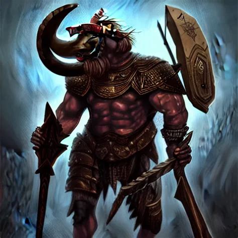 Epic Bull Headed Minotaur Beast In Heavy Ornate Armor Stable