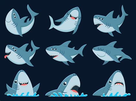 Ocean Shark Mascot Scary Sharks Animals Smiling Jaws And Swimming