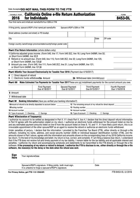 Please make sure to remember and apply the. Fillable Form 8453-Ol - California Online E-File Return ...