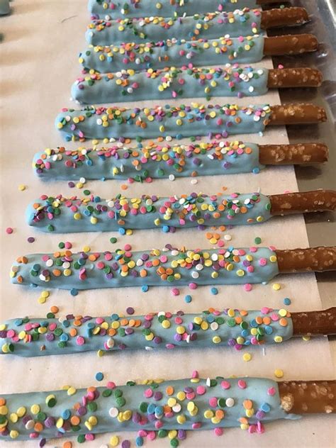 Light Baby Blue Dipped Chocolate Covered Pretzel Rod With Chocolate