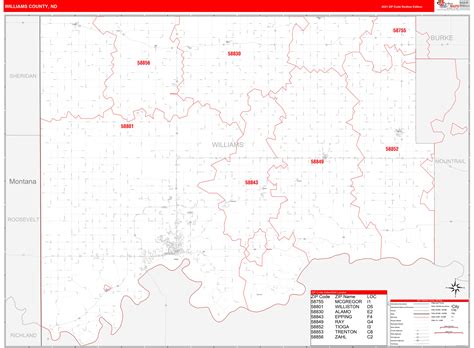 Williams County, ND Zip Code Wall Map Red Line Style by MarketMAPS