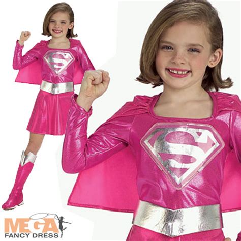 Pink Supergirl Girls Fancy Dress Superhero Superman Kids Costume Outfit